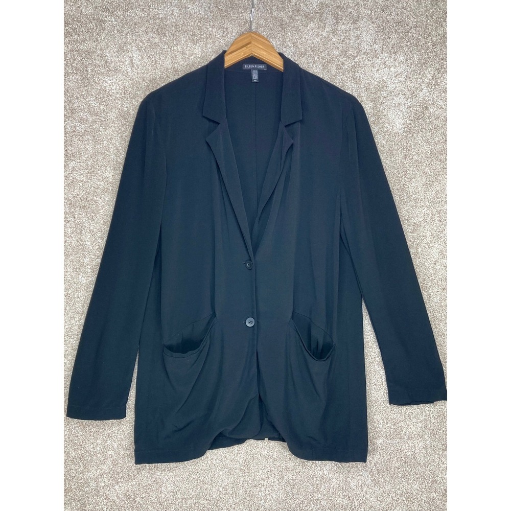 Eileen Fisher Button Front Blazer Jacket Womens S Black Pocket Minimalist Office